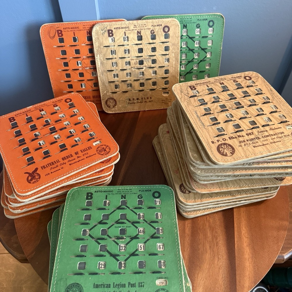 Vintage Pla-Mor Auto-Magic Bingo Cards Lot of 35 1950s 60s Alabama Elks Legion
